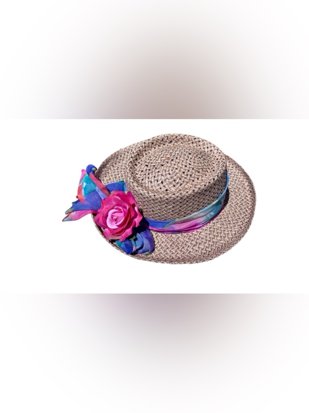 Straw Boater Hat Cowgirl Style Wide Brim made in USA pink blue accent colors
